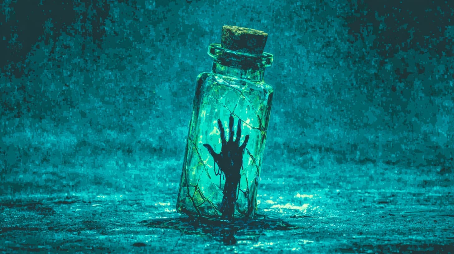 Flacon en verre contenant une main tendue, baigné d'une lumière turquoise inquiétante