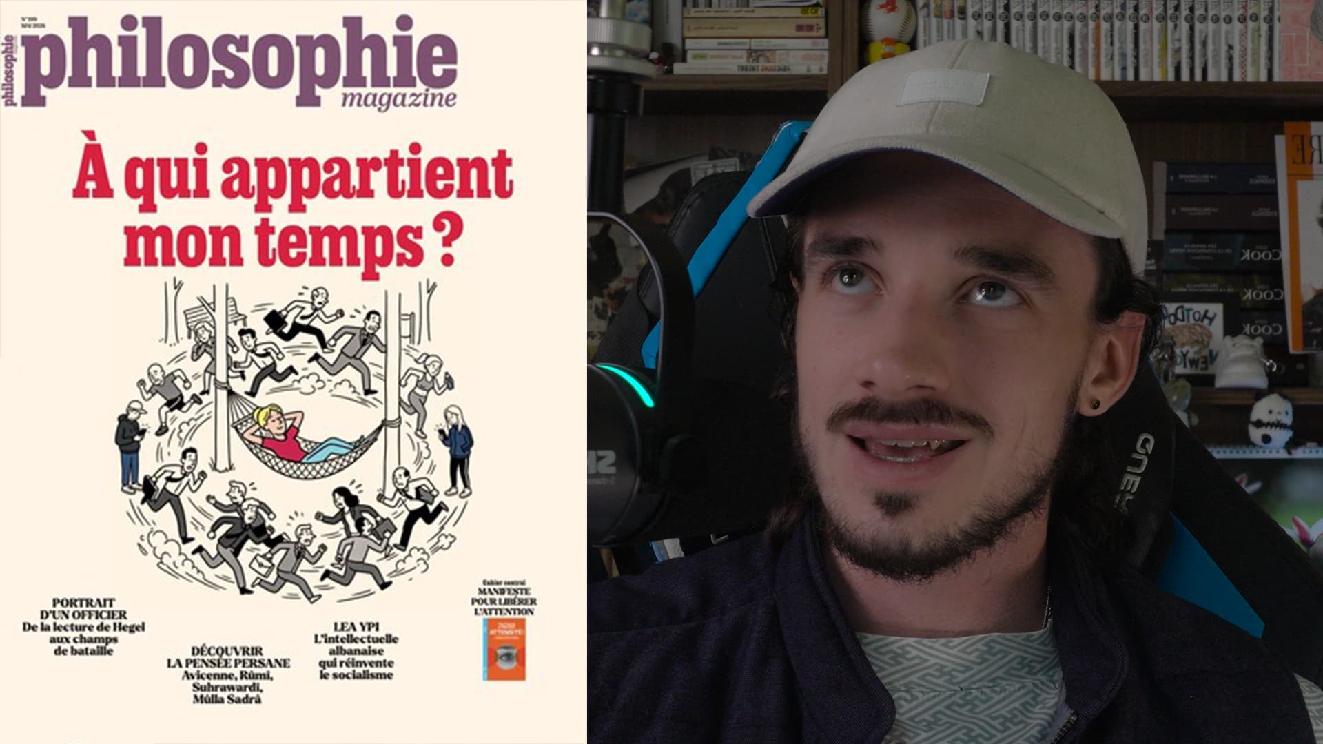 Couverture de Philosophie Magazine « À qui appartient mon temps ? » à côté d'Ybelion (Samuel Le Parc) souriant, casquette claire