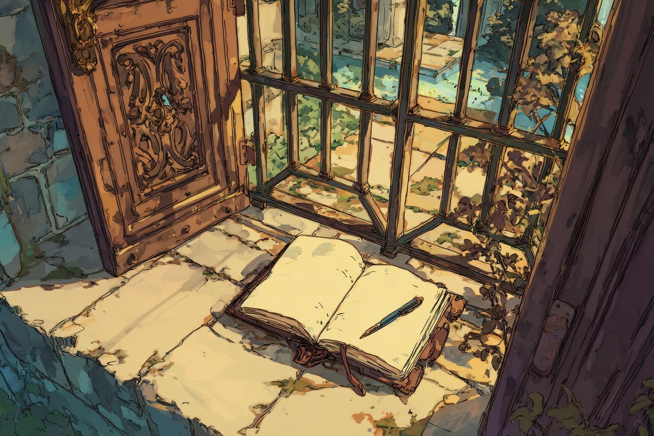 Illustration d'une cellule aux barreaux dorés, porte ouverte, carnet et stylo posés au sol baignés de lumière.