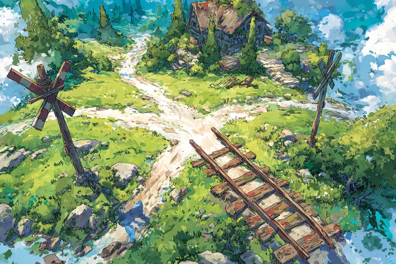 Illustration peinte d'un carrefour en pleine nature, avec rails, sentier et croix de bois devant une maisonnette.