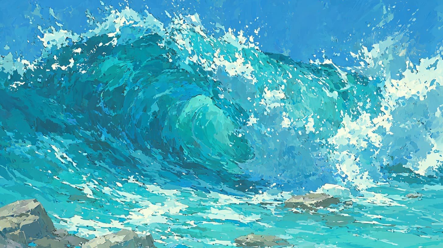 Peinture d'une vague déferlante aux tons bleus et turquoise, écume blanche