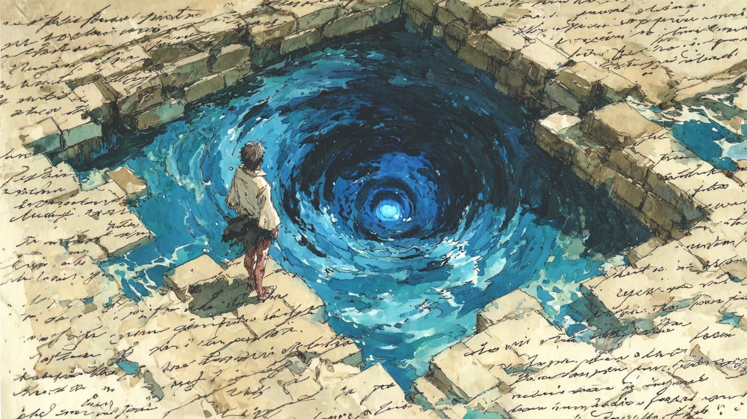 Illustration d'un personnage face à un puits d'eau bleue émergeant d'une page manuscrite