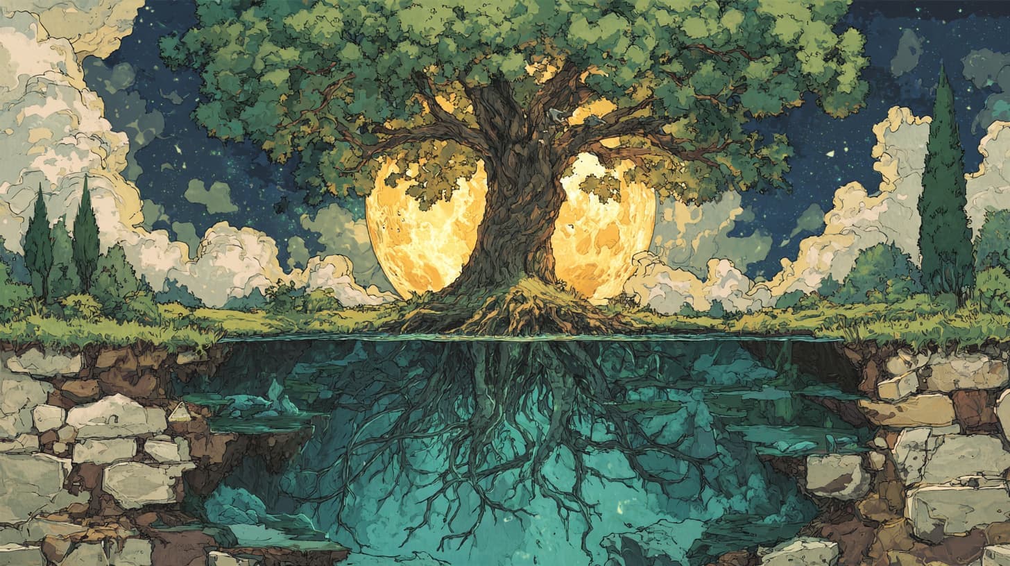 Peinture d'un arbre ancien éclairé par la lune, ses racines se reflétant dans l'eau en dessous