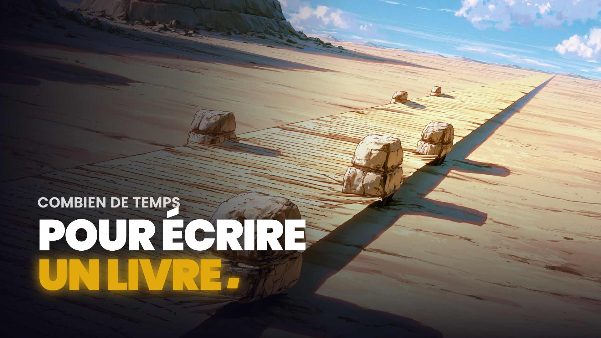Illustration d'une longue chaussée de pierre traversant un désert vers l'horizon, jalonnée de blocs rocheux