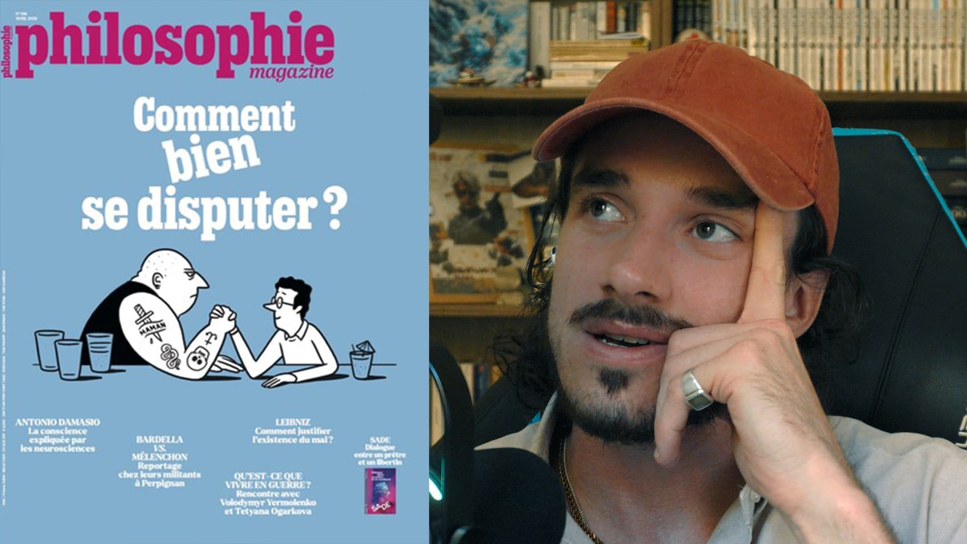 Couverture de Philosophie Magazine « Comment bien se disputer ? » à côté d'Ybelion (Samuel Le Parc) pensif, casquette rouille