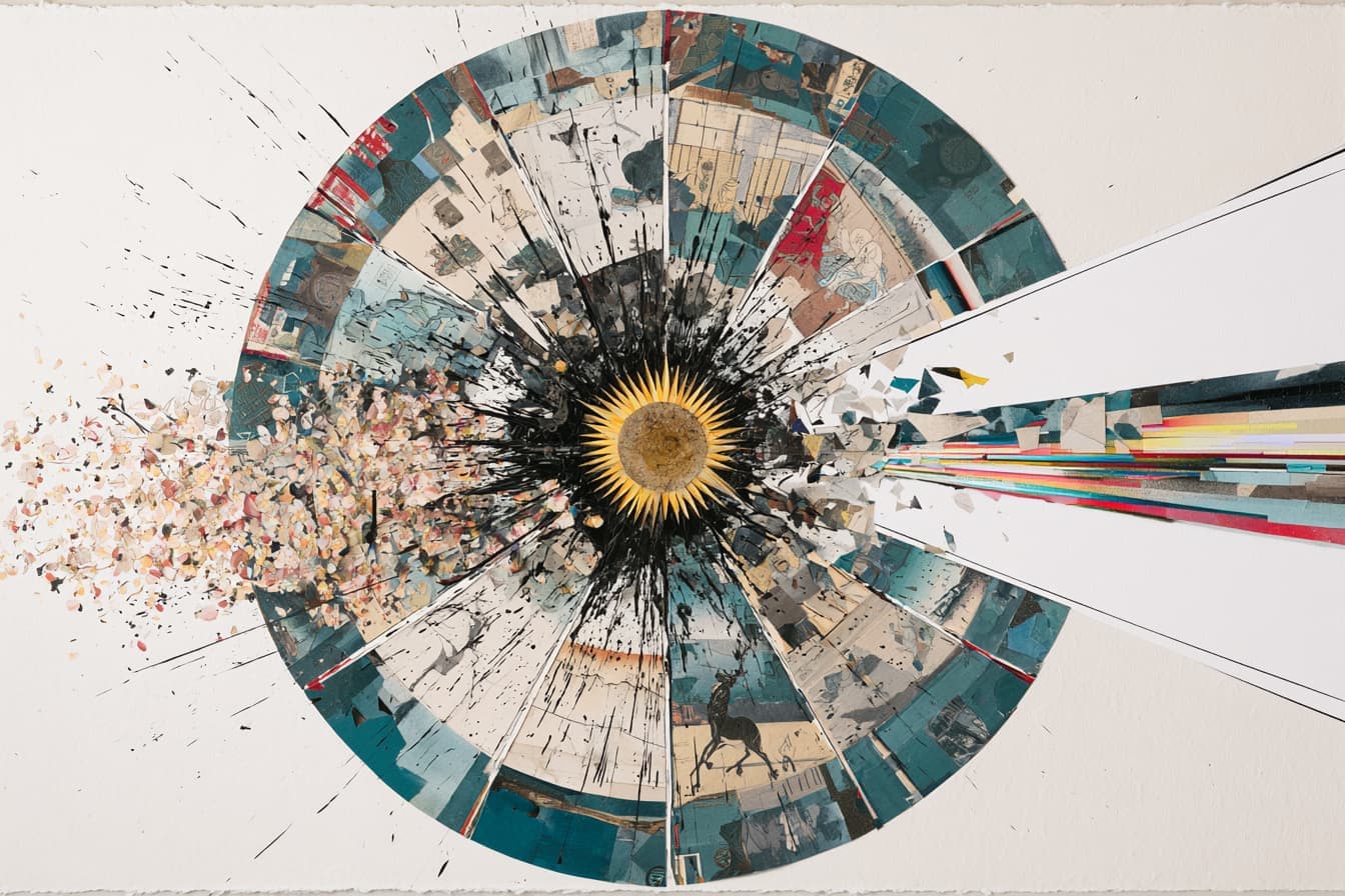 Peinture d'une roue à seize segments qui éclate, pétales colorés et rayons lumineux autour d'un soleil doré central.