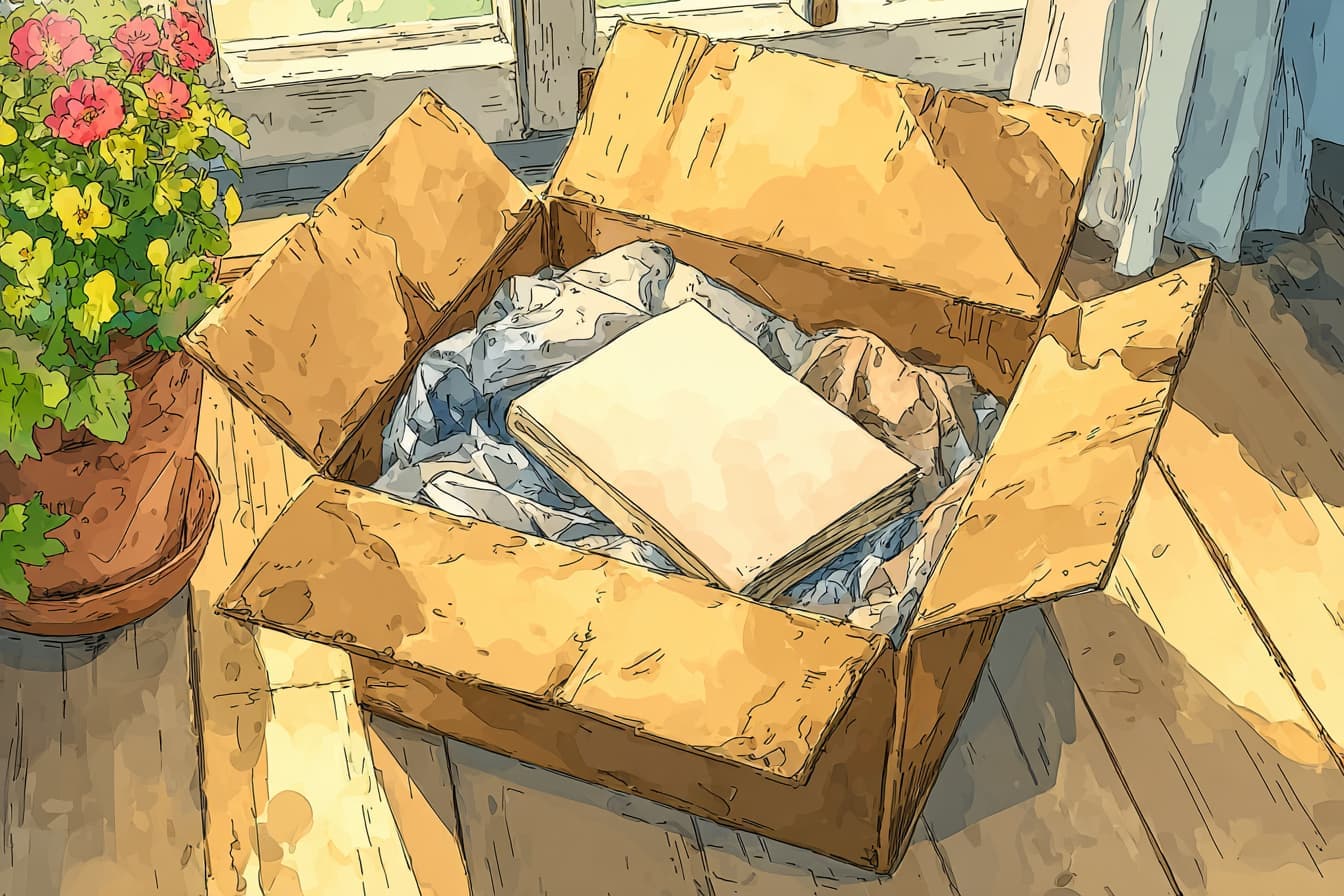 Illustration d'un livre dans un carton ouvert sur un parquet ensoleillé, près d'une fenêtre fleurie