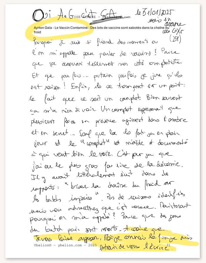 Écriture manuscrite — Le Vaccin Contaminé, Ayrton Gaïa, page 31, janvier 2025