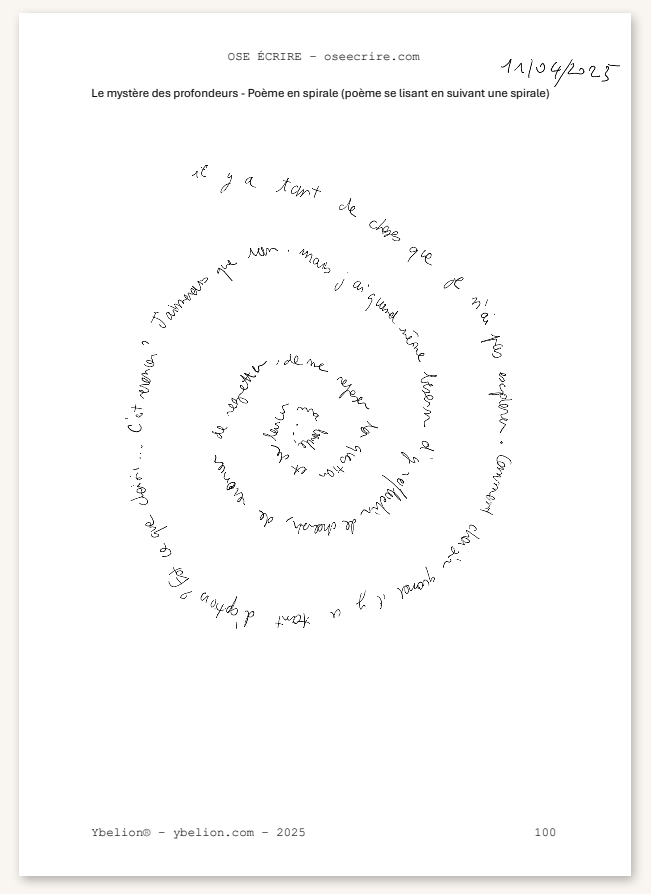 Écriture manuscrite — Poème en spirale, page 100, avril 2025