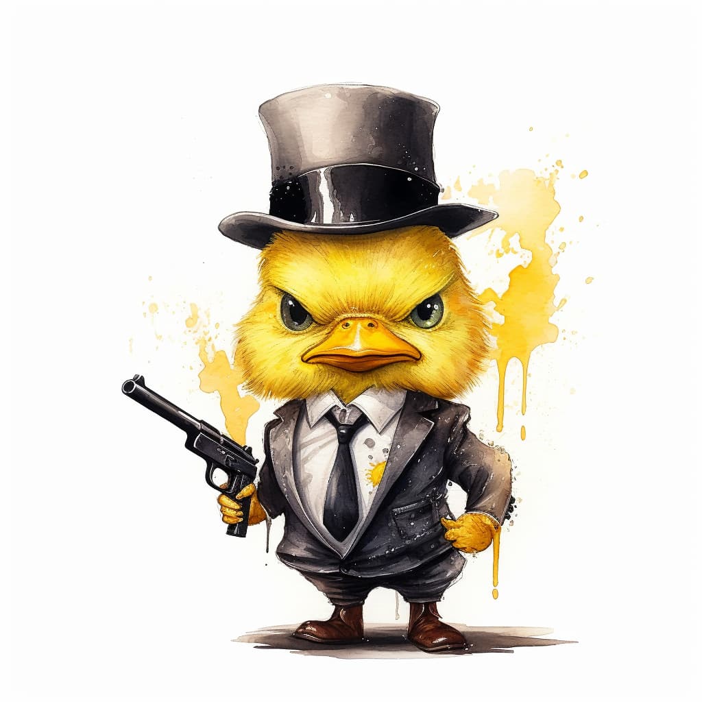 Illustration aquarelle d'un poussin jaune en costume noir, haut-de-forme et pistolet, l'air menaçant, éclaboussures jaunes.