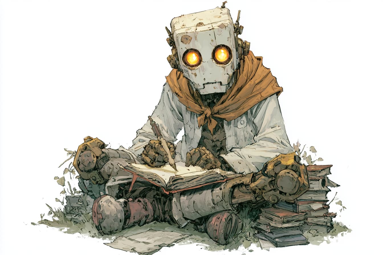 Illustration d'un robot aux yeux luminescents écrivant à la main dans un livre, entouré de pierres et de livres.