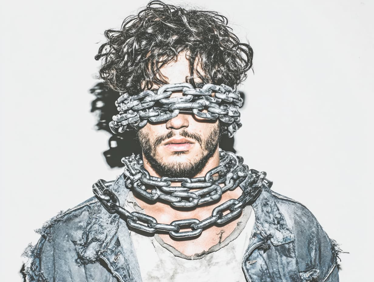 Jeune homme aux cheveux bouclés, yeux bandés par d'épaisses chaînes en métal, autre chaîne au cou, veste en jean usée