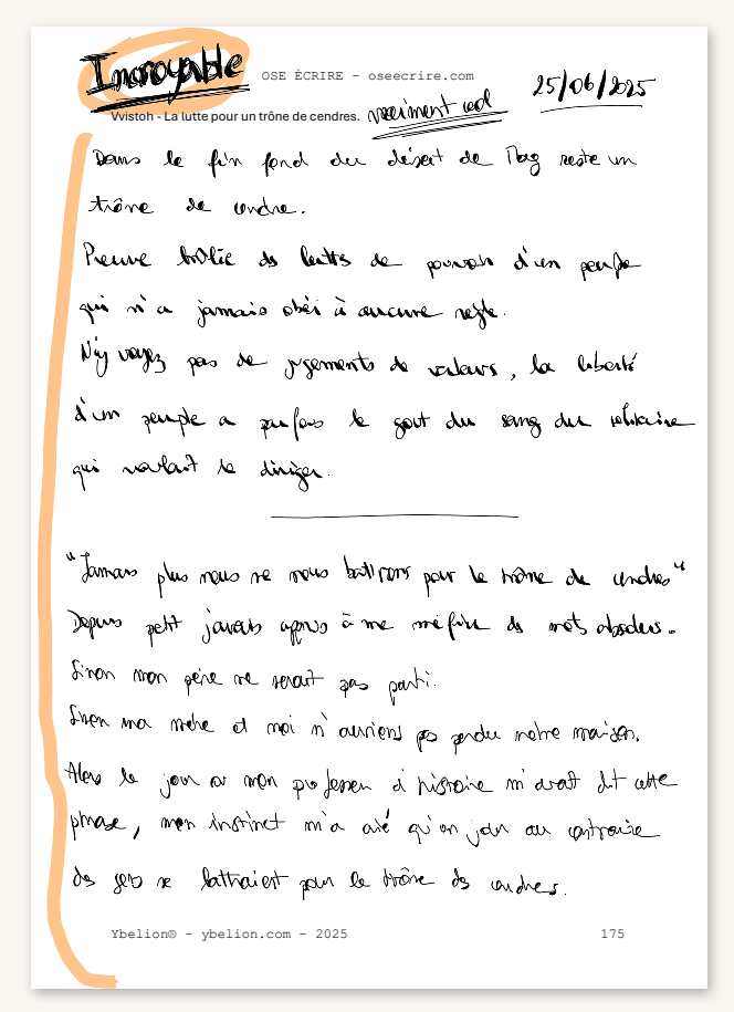 Écriture manuscrite — Vvistoh, La lutte pour un trône de cendres, page 175, juin 2025