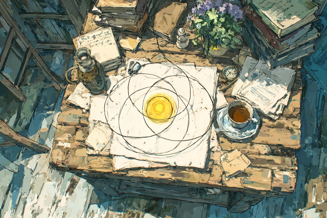 Illustration en vue plongeante d'une table d'écriture, papiers et tasse de thé autour d'un diagramme d'ikigai esquissé au crayon.