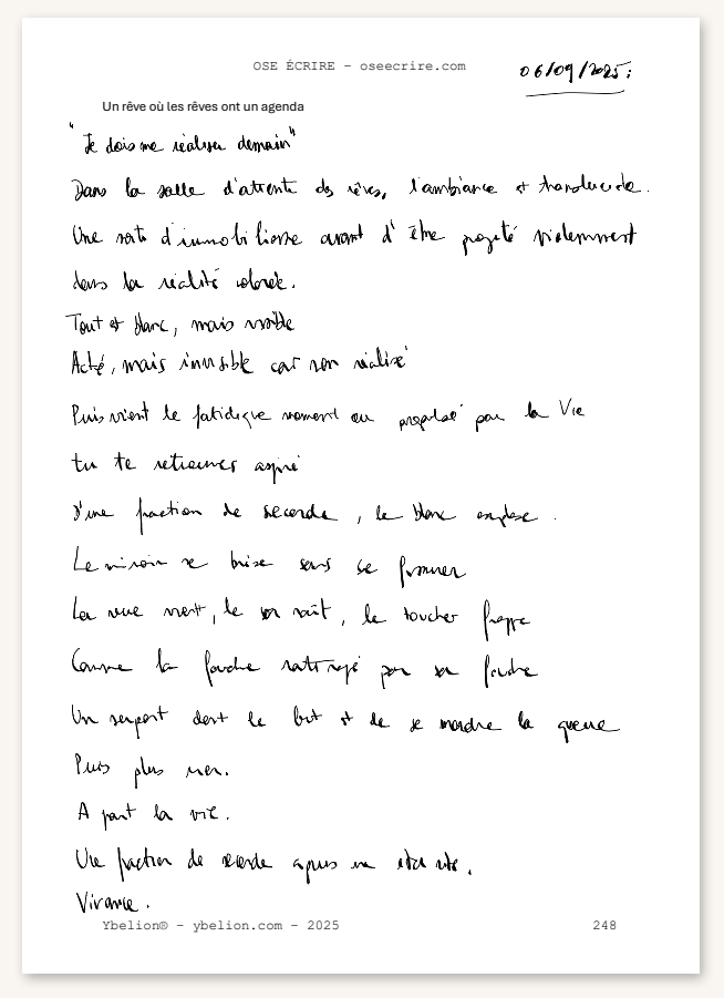 Écriture manuscrite — Un rêve où les rêves ont un agenda, page 248, septembre 2025