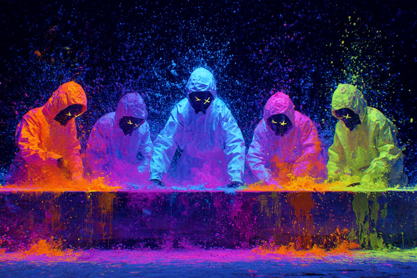 Cinq silhouettes encapuchonnées en combinaisons colorées penchées sur une table dans une explosion de poudres roses, bleues et jaunes.